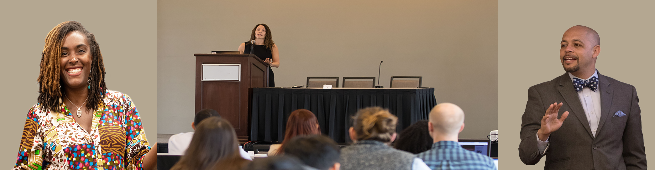 An image with three presenters teaching at training events. 