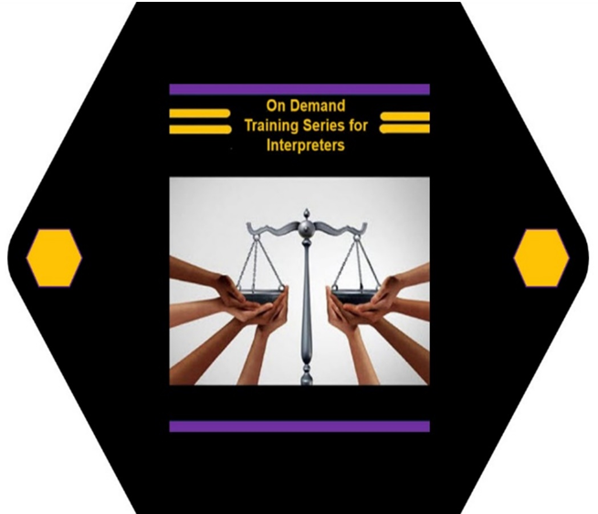 On Demand Training Series for Interpreters logo with several human hands holding up a scale on the left and right to balance it